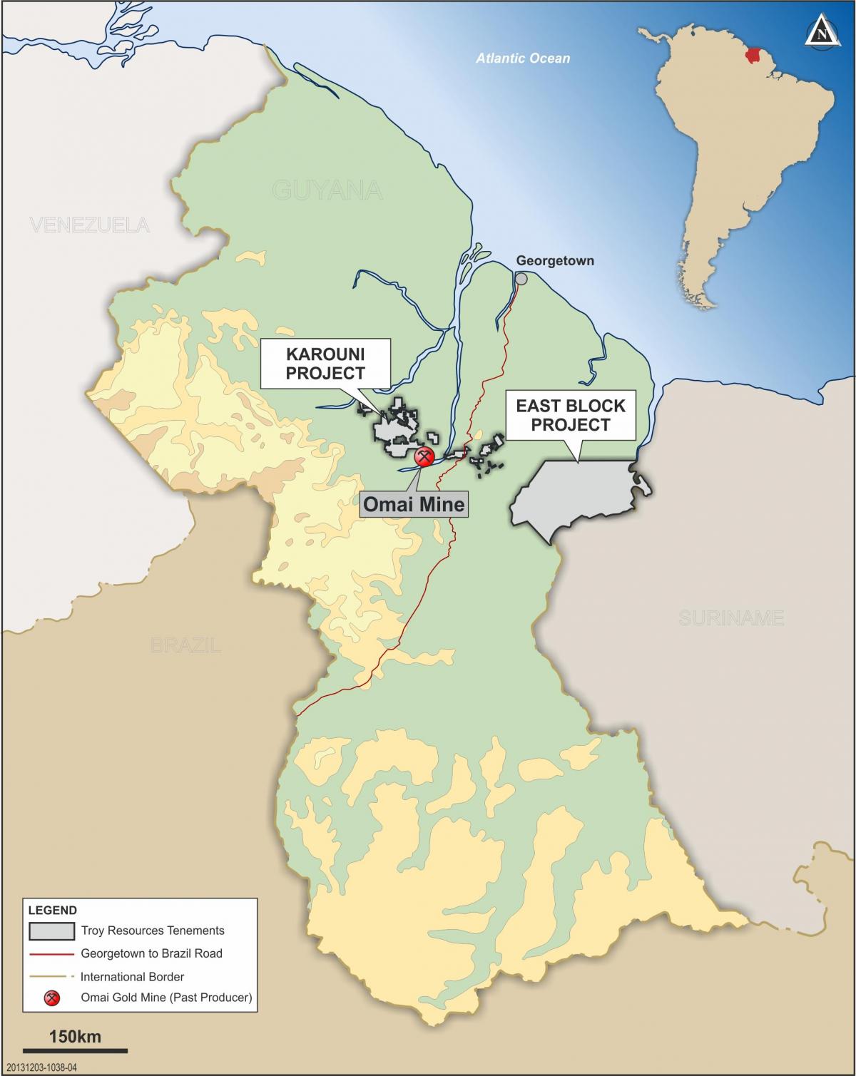 kartta Guyana osoittaa mineraalivarat
