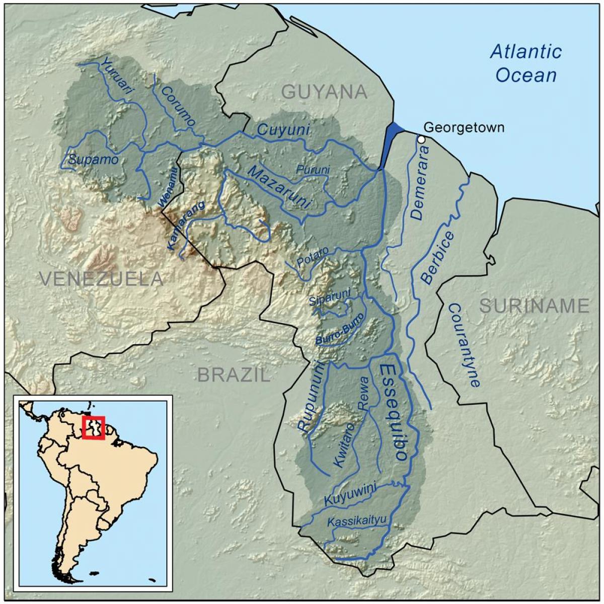 kartta Guyana osoittaa kolme tärkeimmät joet