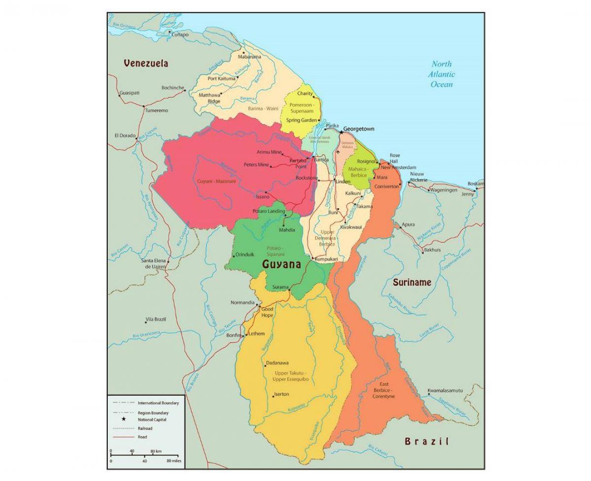 kartta Guyana osoittaa 10 hallinnolliset alueet