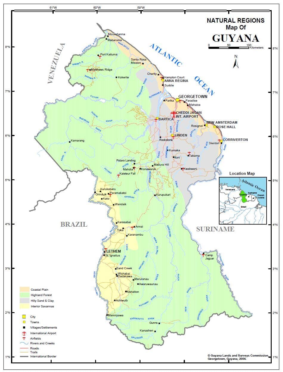 kartta Guyana osoittaa 4 luonnollisten alueiden