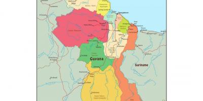 Kartta Guyana osoittaa 10 hallinnolliset alueet