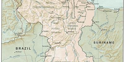 Kartta osoittaa amerindian siirtokuntien Guyana