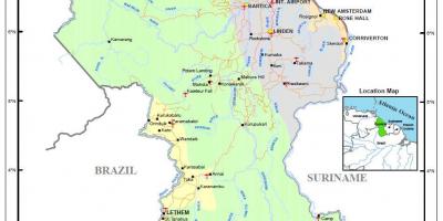 Kartta Guyana osoittaa 4 luonnollisten alueiden