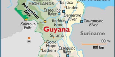 Kartta Guyana osoittaa vuoristot